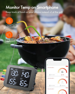 Digital Wireless Grill Thermometer With 4 Probes Timer Alarm 150 Ft Bluetooth Monitor