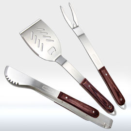 3 Pieces BBQ Bbq Utensils Kit Wood Handle Spatula Fork Tong Easy To Wash
